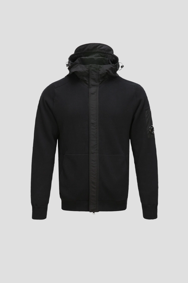 COTTON MIXED LENS ZIP KNIT HOODIE-BLACK