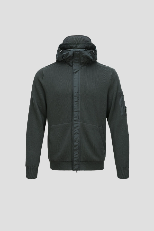 COTTON MIXED LENS ZIP KNIT HOODIE-DEEPGREEN
