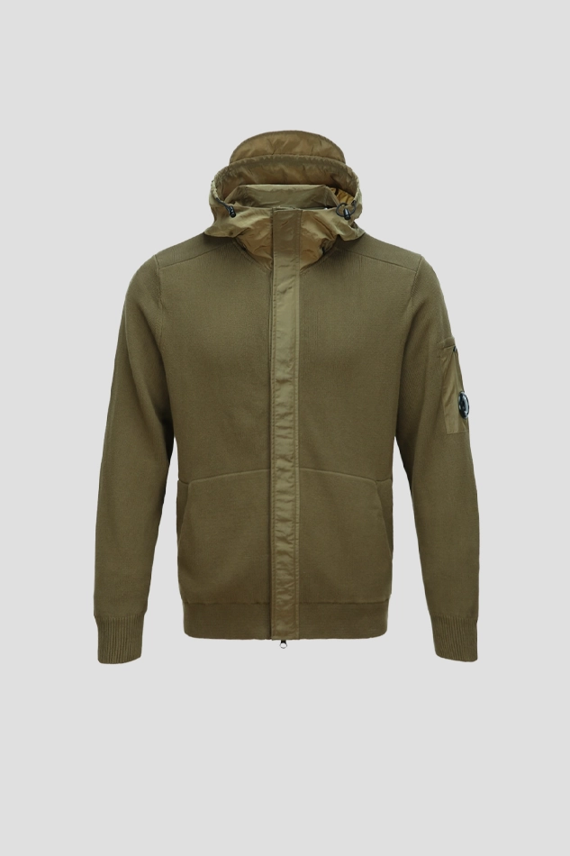 COTTON MIXED LENS ZIP KNIT HOODIE-KHAKI