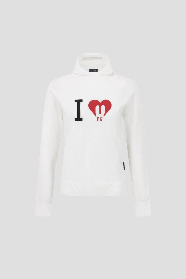 WOMENS JACQUARD SYMBOL HOODED LONG SLEEVE KNIT-WHITE