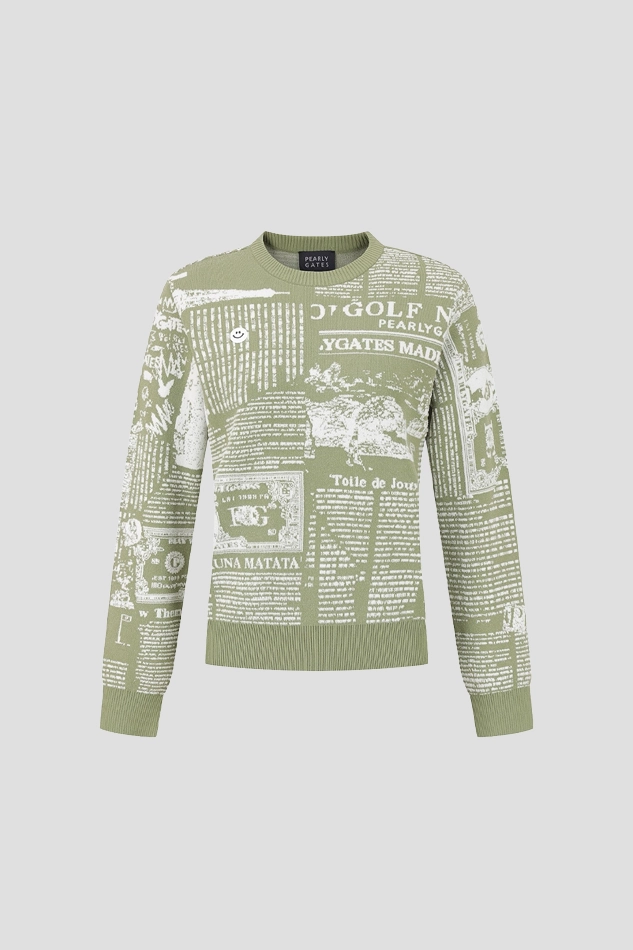 WOMENS SMILE NEWSPAPER JACQUARD LONGSLEEVE KNIT-GREEN