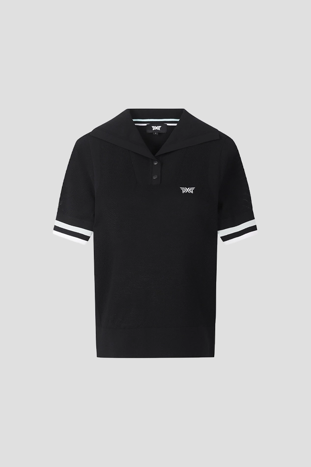 WOMENS SUMMER POINT COLLARED SHORT SLEEVE KNIT-BLACK