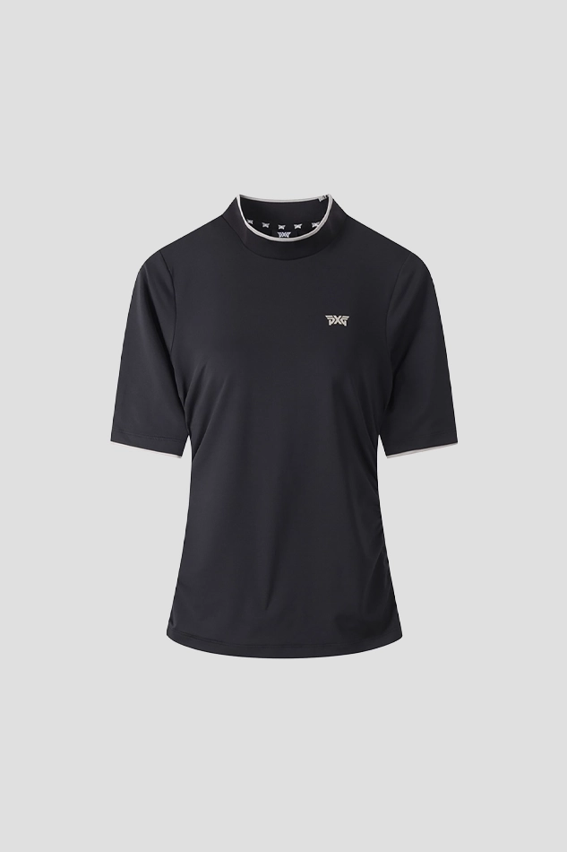 WOMENS SUMMER MOCK NECK SHIRRING SHORT SLEEVE-BLACK