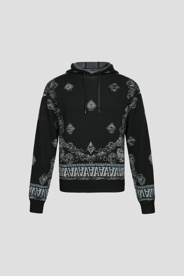 JACQUARD WINDPROOF KNIT HOODIE MEN-BLACK