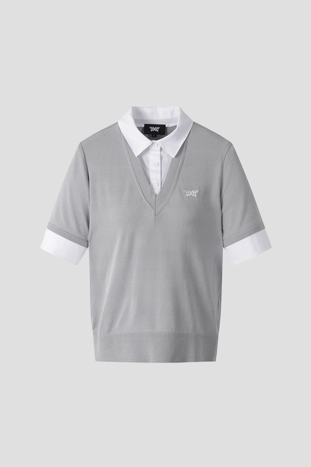 WOMEN COLLARED SHORT SLEEVE KNIT-GRAY