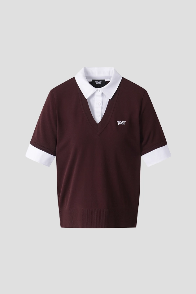 WOMEN COLLARED SHORT SLEEVE KNIT-WINE